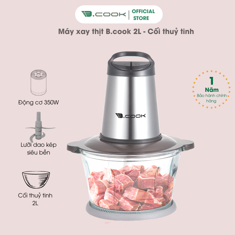 Máy xay thịt, cá, xay đa năng B.COOK 2 lưỡi dao kép cối thủy tinh (350W) - Hàng chính hãng