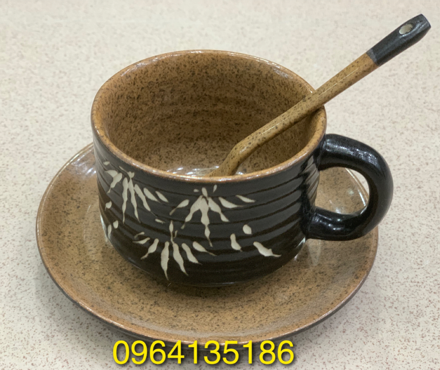 set cốc đĩa cà phê nóng lòng nâu hạt tiêu khắc trúc gốm sứ Bát Tràng