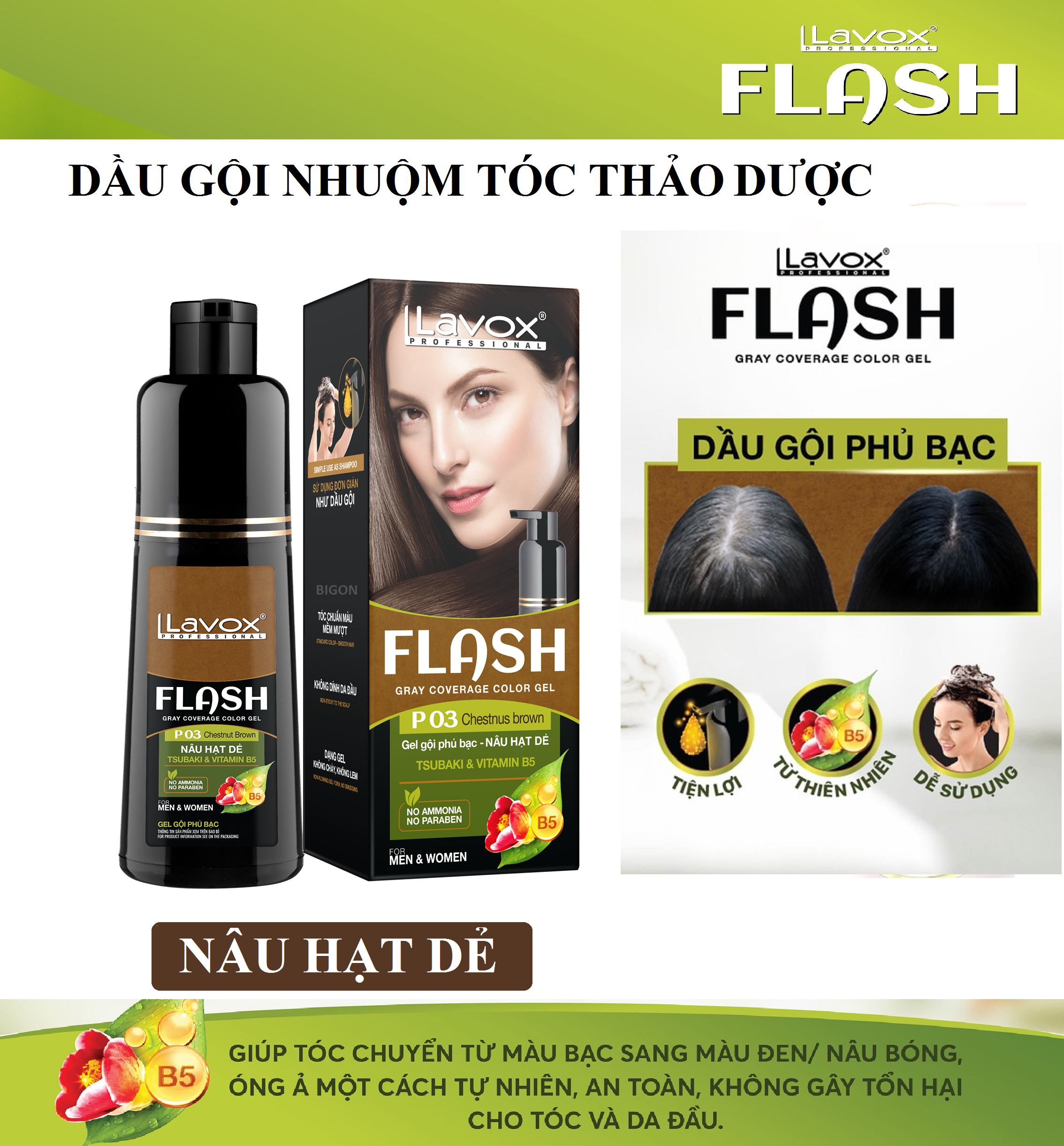 [Nâu Hạt Dẻ] Dầu Gội Nhuộm Tóc Phủ Bạc Thảo Dược LAVOX FLASH 190ml - P03