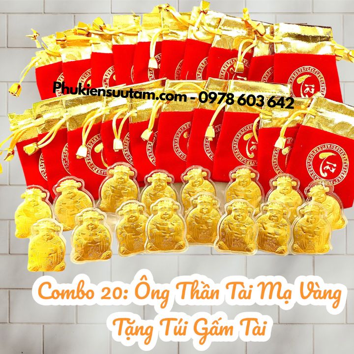 Combo 20 Ông Thần Tài Mạ Vàng Tặng Túi Gấm Tài, kích thước: 5cmx4cm, màu vàng - SP005961