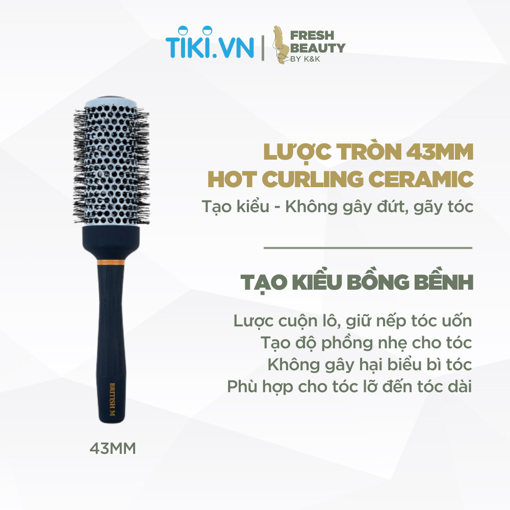 Lược tròn BRITISH M Hot Curling Ceramic Brush tạo kiểu lọn xoăn, gợn sóng cho tóc dài 43mm