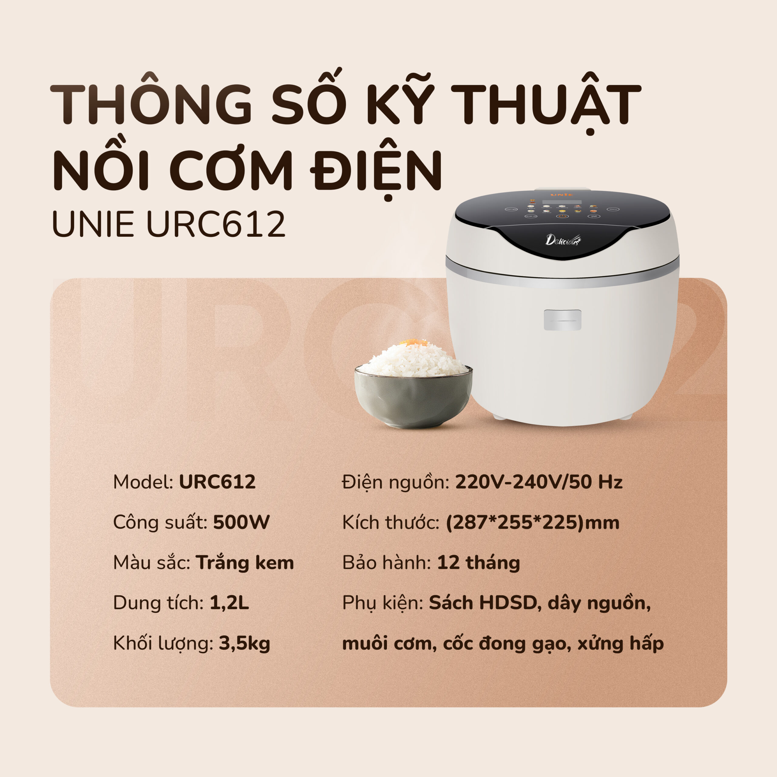 Nồi cơm điện tử UNIE URC612 ,công nghệ nấu cơm giảm đường, lòng nồi inox 304, dung tích 1,2L,công suất 500W, hàng chính hãng BH 12 tháng