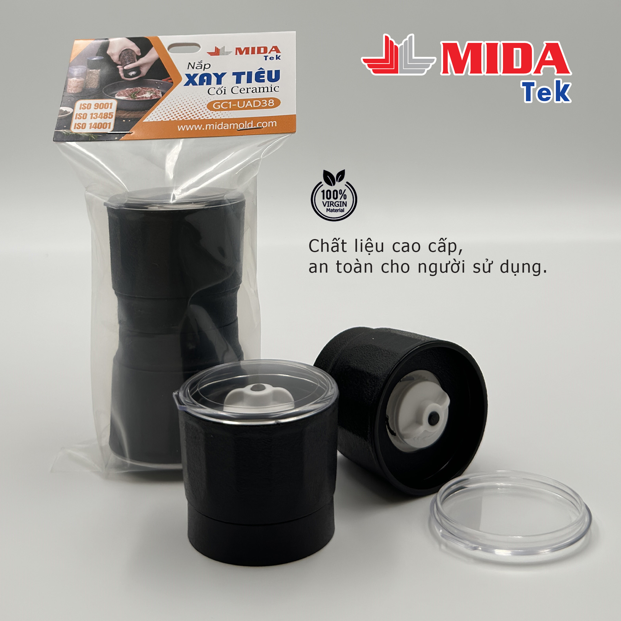 Bộ 2 Nắp xay tiêu MIDATEK cối xay ceramic cho hũ nhựa đường kính 38mm