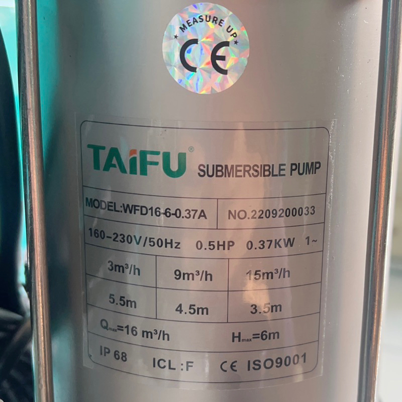 Máy bơm chìm nước thải 370W (0.5HP) Thân INOX 304 TAIFU WFD16-6-0.37A - Bảo hành 1 năm