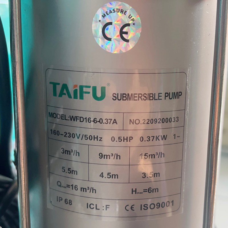 Máy bơm chìm nước thải 370W Thân INOX 304 TAIFU WFD16-6-0.37A - Bảo hành 1 năm