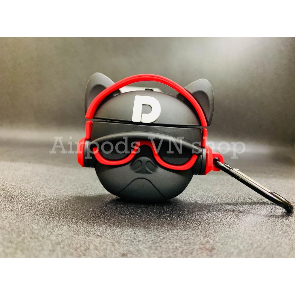 Bao Case Ốp dành cho Airpods 1/2 &amp; Airpods Pro bulldog mang headphone đỏ silicon 3D cao cấp