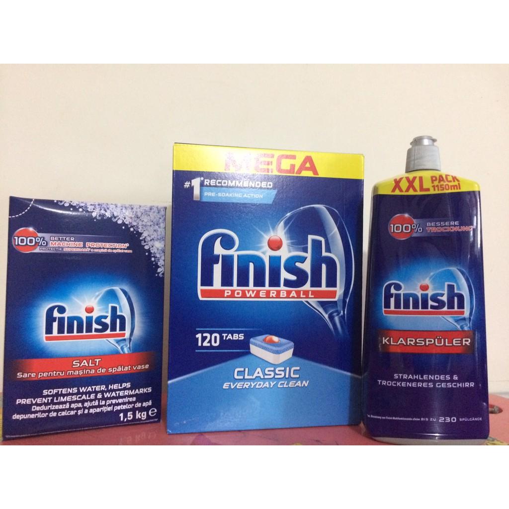 Combo 110 viên Finish +1.5kg muối rửa bát dùng cho máy rửa bát chén + Tặng 3 viên Finish