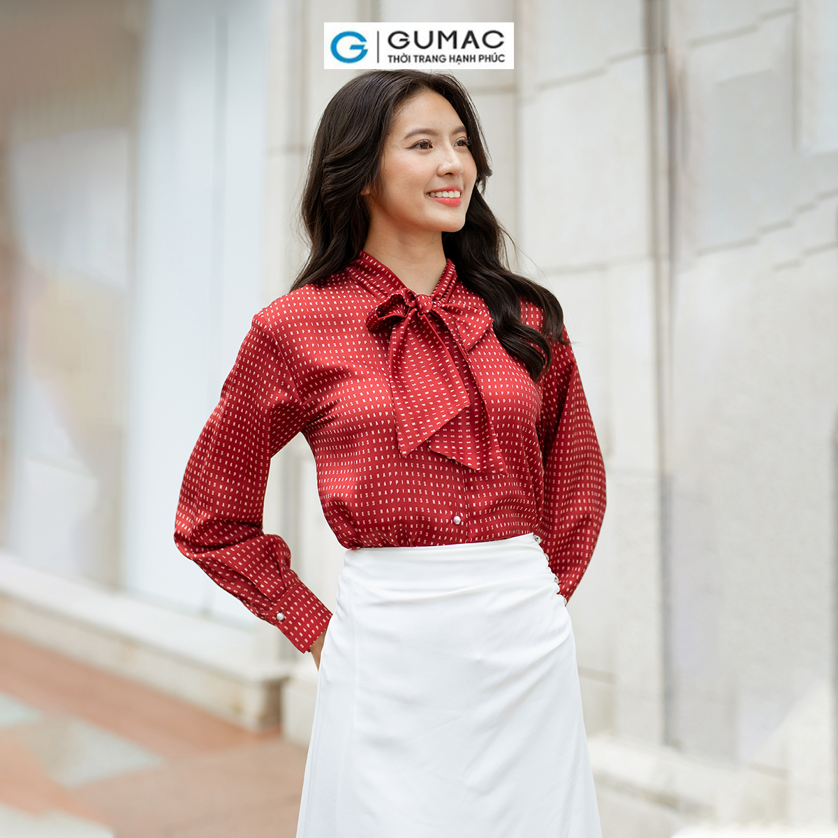 Set lẻ Áo kiểu buộc nơ thời trang GUMAC AD06007 - Chân váy xếp ly họa tiết VD06054
