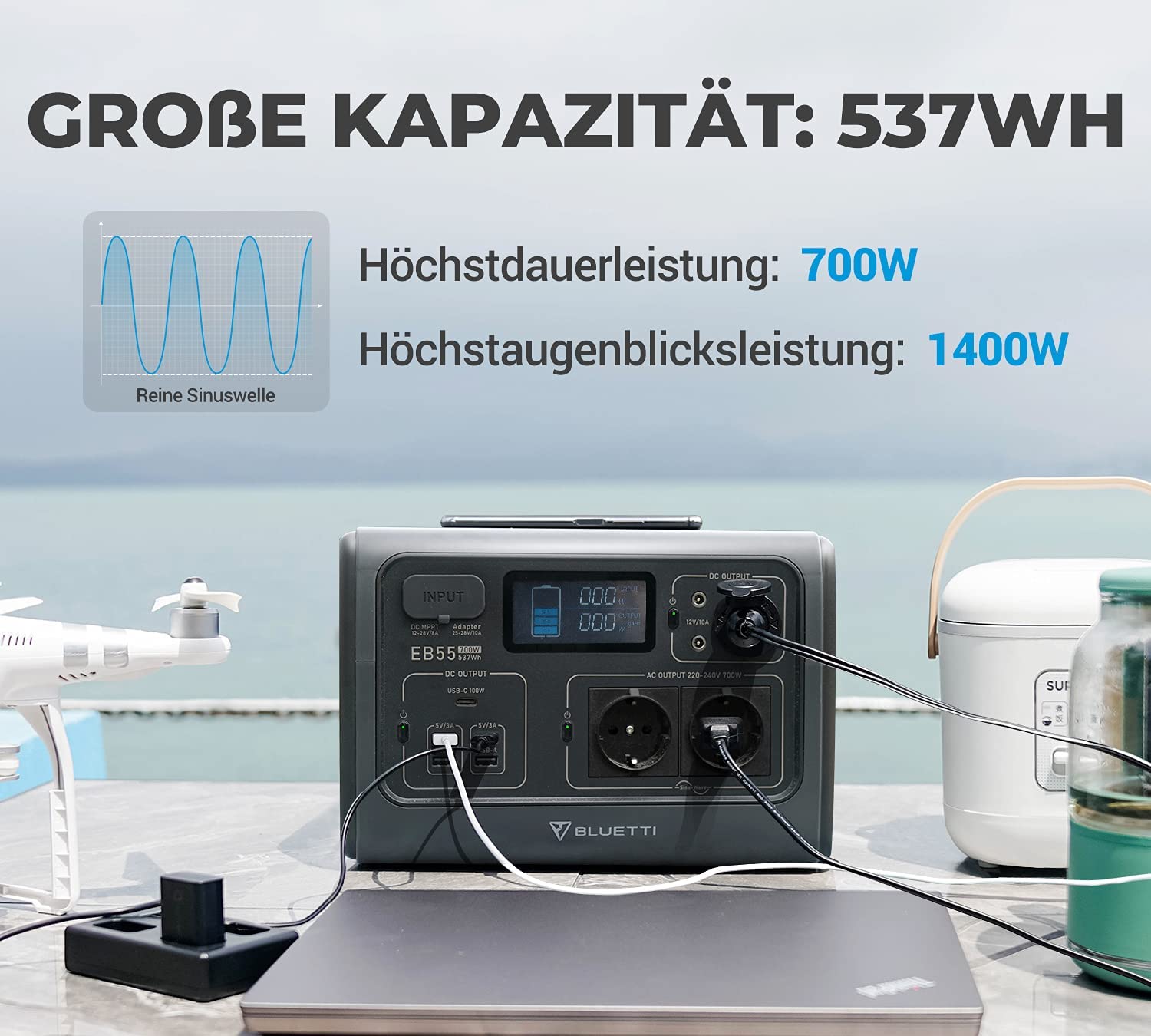 Trạm sạc dự phòng BLUETTI EB55 537Wh/700W-110V/220V-Trạm điện di động Máy phát điện ngoài trời, cắm trại, camping, cúp điện, mất điện