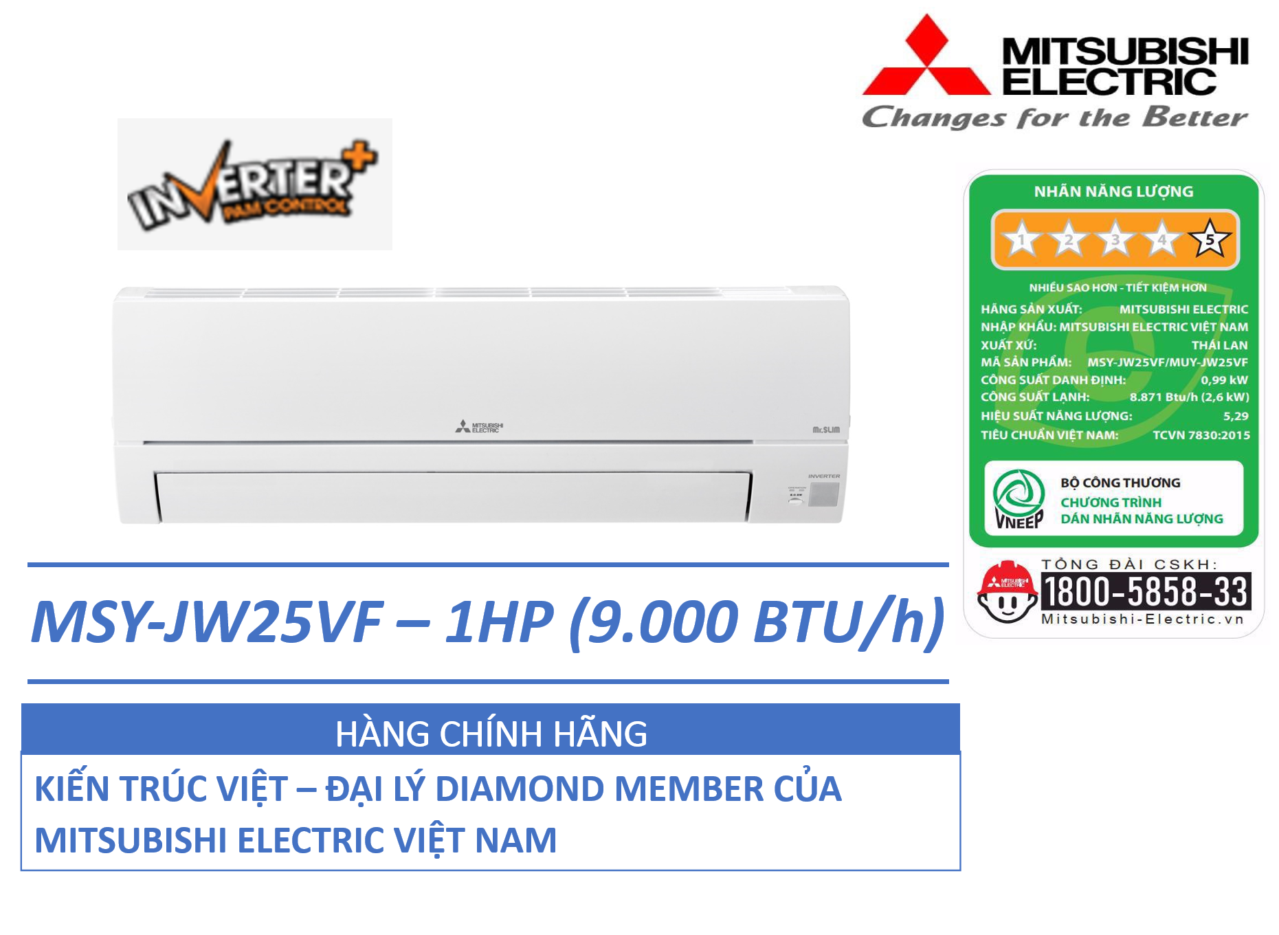 ĐIỀU HÒA KHÔNG KHÍ (MÁY LẠNH) MITSUBISHI ELECTRIC MSY-JW25VF - 1 HP(NGỰA) (9,000 BTU/h) - INVERTER - HÀNG CHÍNH HÃNG