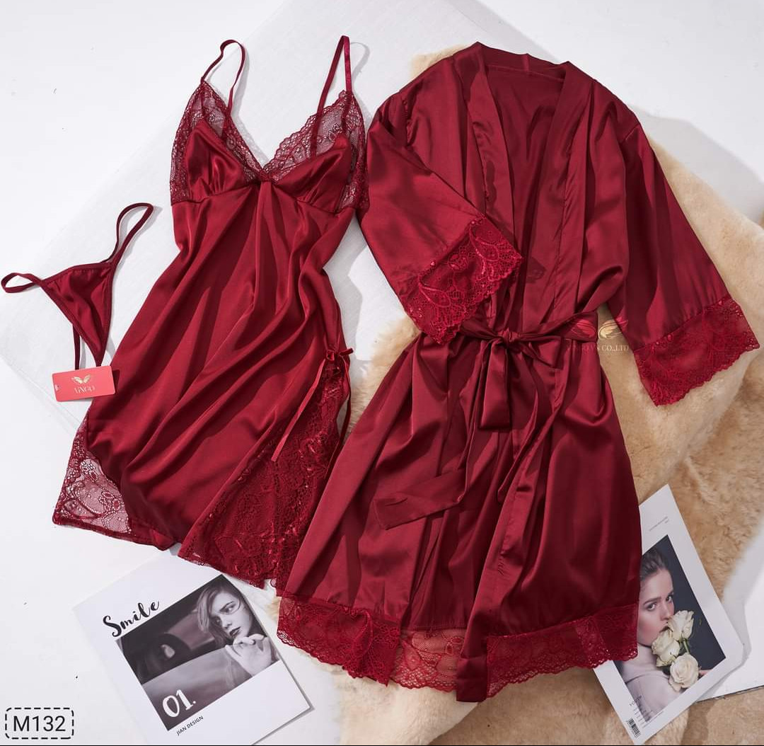 [HATU SLEEPWEAR] Set áo choàng +váy ngủ lụa mặc nhà sang trọng  ĐỦ MÀU,ĐỦ SIZE tặng kèm chip ren và đai áo