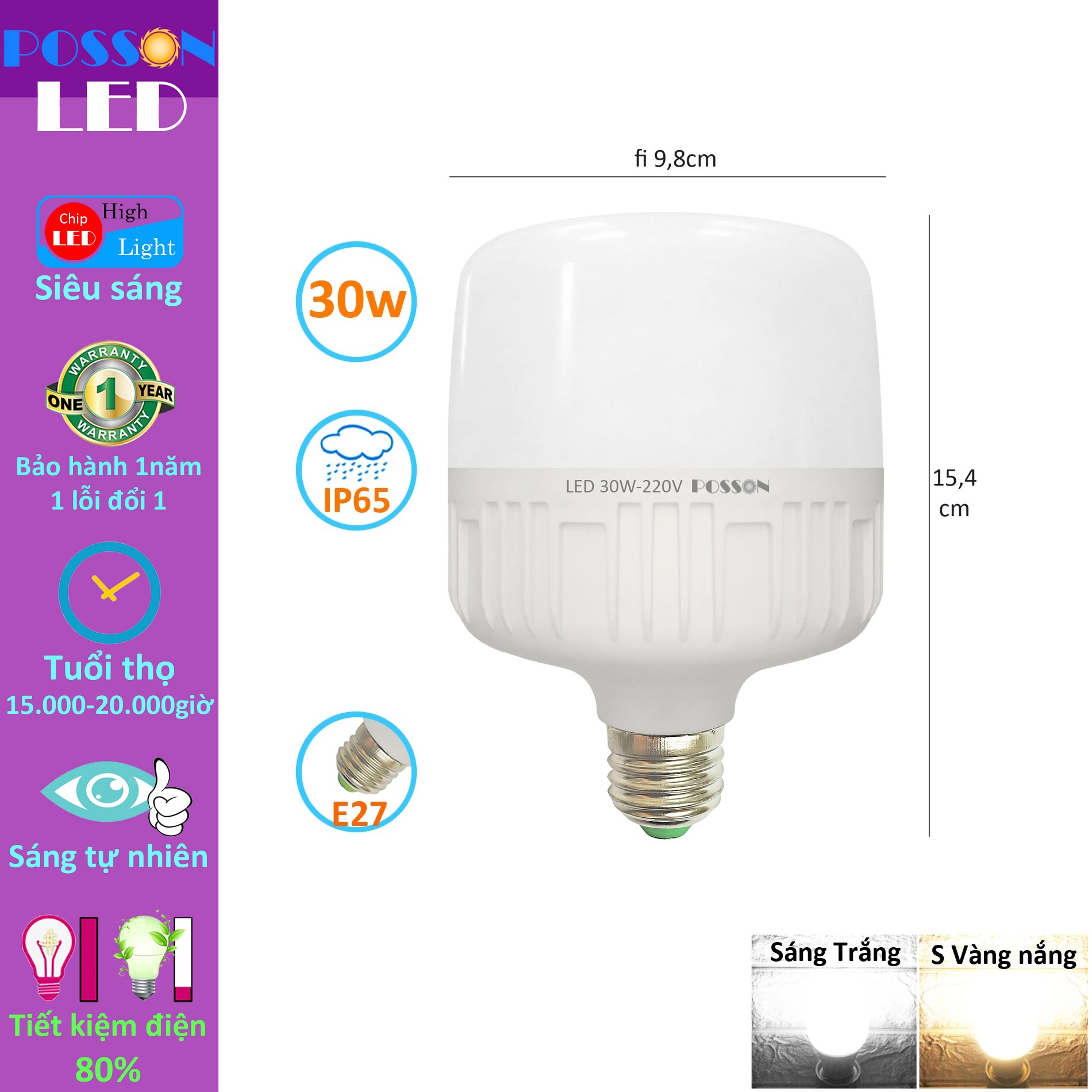 10 Bóng đèn Led trụ 30w bup trụ T100 siêu sáng tiết kiệm điện thân kín chống nước mưa Posson LC-30x