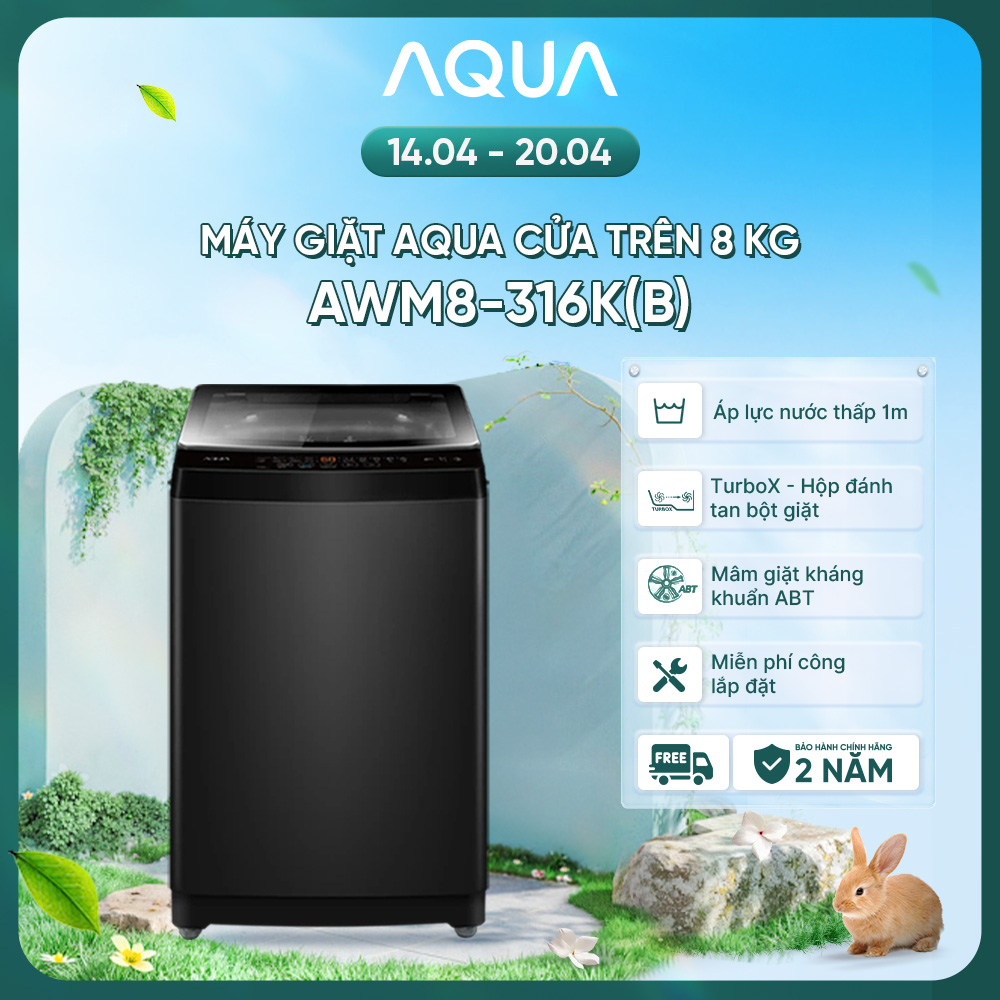 Máy giặt Aqua 8 kg AWM8-316K(B) - Bảo hành 2 năm - Hỗ trợ lắp đặt - Hàng chính hãng