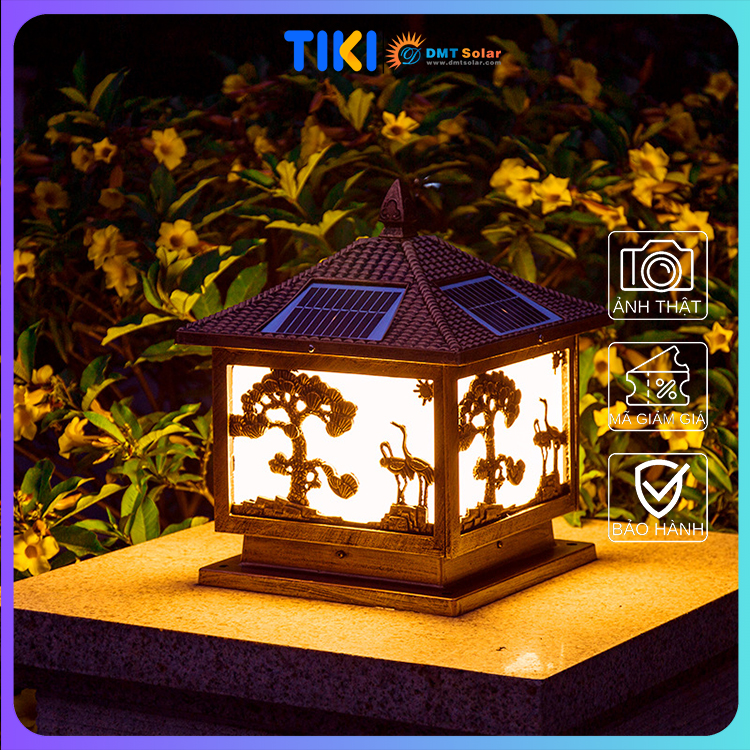 Đèn trụ cổng năng lượng mặt trời vuông hoạ tiết con hạc cây tùng TC07 sang trọng cổ điển [3 màu ánh sáng