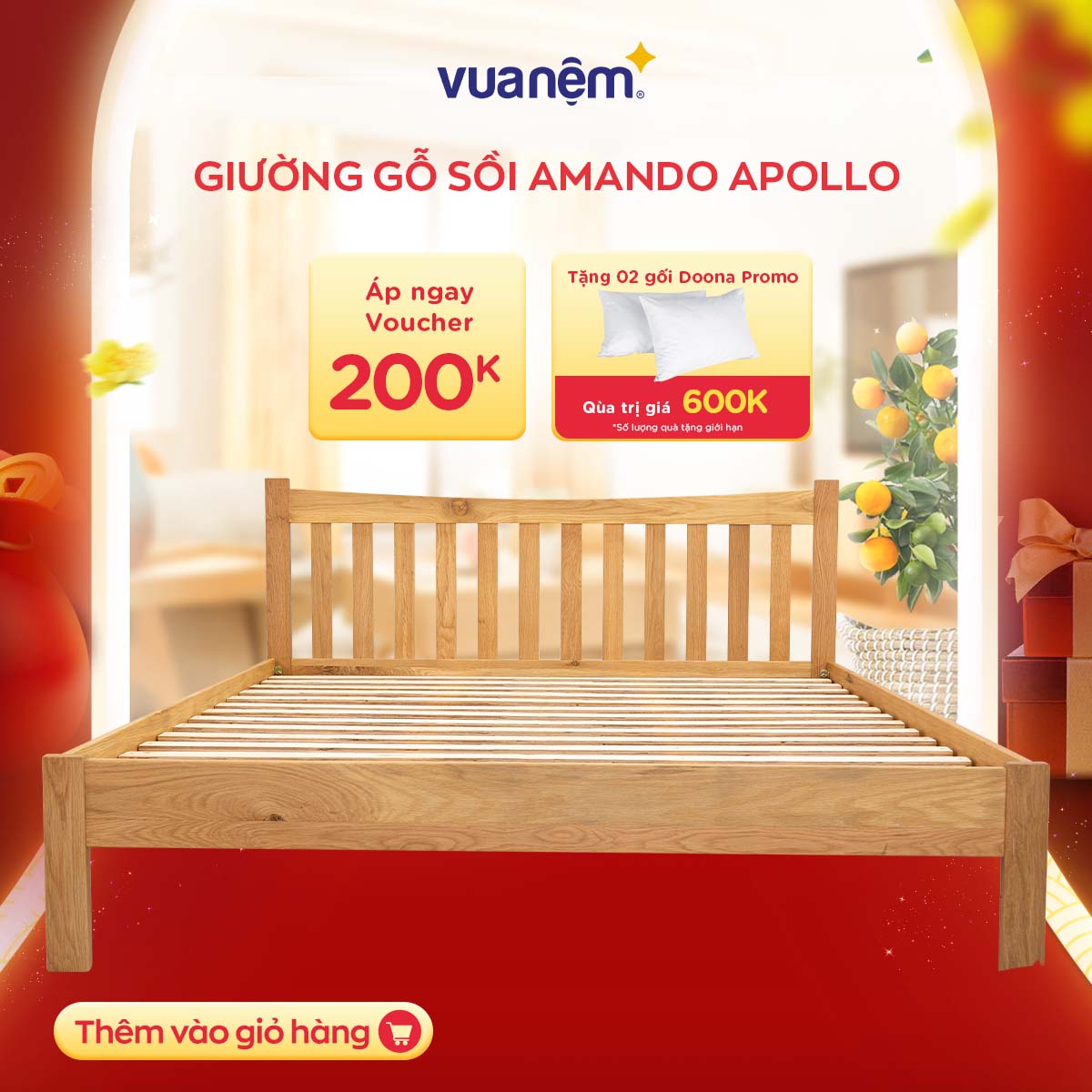 Giường gỗ sồi Amando Apollo kết cấu vững chãi, khung gỗ được xử lý công nghệ cao, hỗ trợ lắp đặt Hà Nội, Hồ Chí Minh