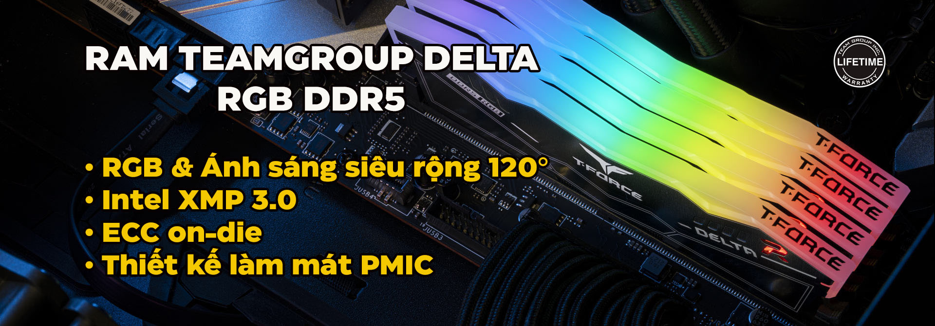 Ram máy tính Team T-Force Delta LED RGB [ĐEN] 16GB DDR4 3600MHz - Hàng chính hãng Viễn Sơn phân phối