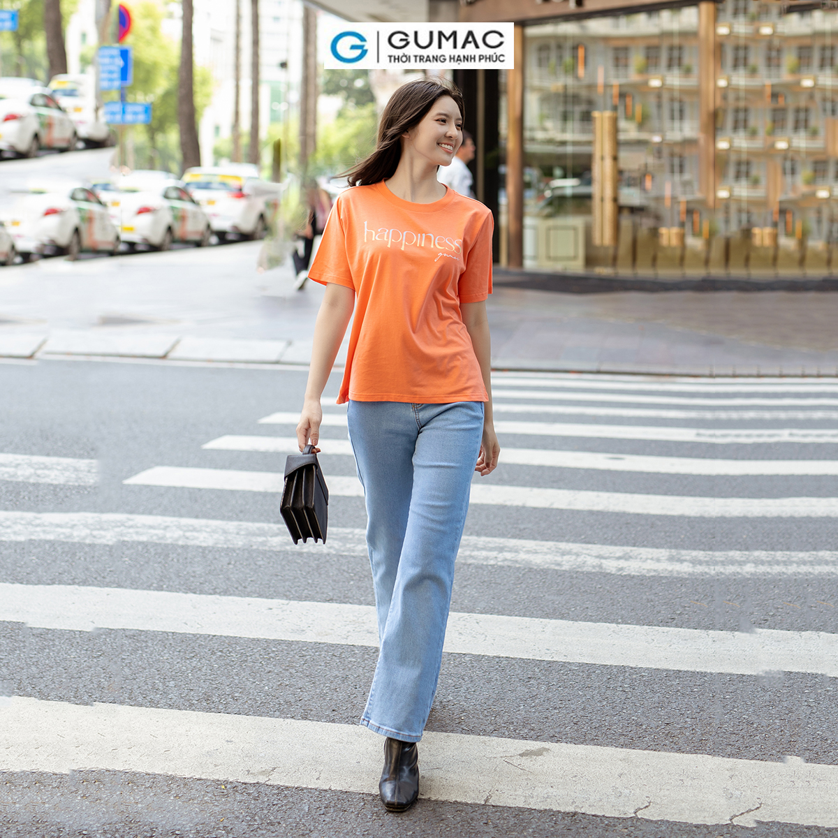 Áo thun nữ cotton tay ngắn cổ tròn in Happiness trẻ trung năng động thời trang GUMAC ATD07043