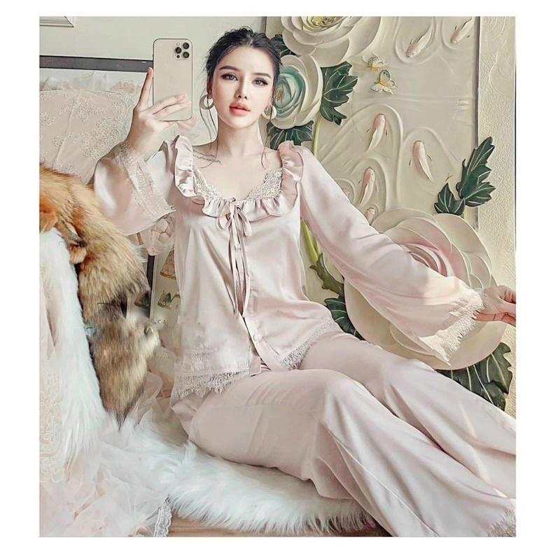 BỘ PYJAMA LỤA DÀI TAY DÀI HOA QC CAO CẤP