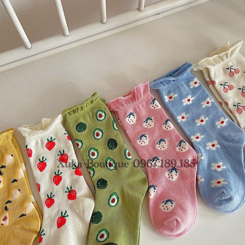 Set 3 Đôi Tất Cao Cổ AiDuMini Cao Cấp Cho Bé Từ 1 - 12 tuổi. Tất Vớ Trẻ Em Hoa Quả Cực Xinh Bé Gái