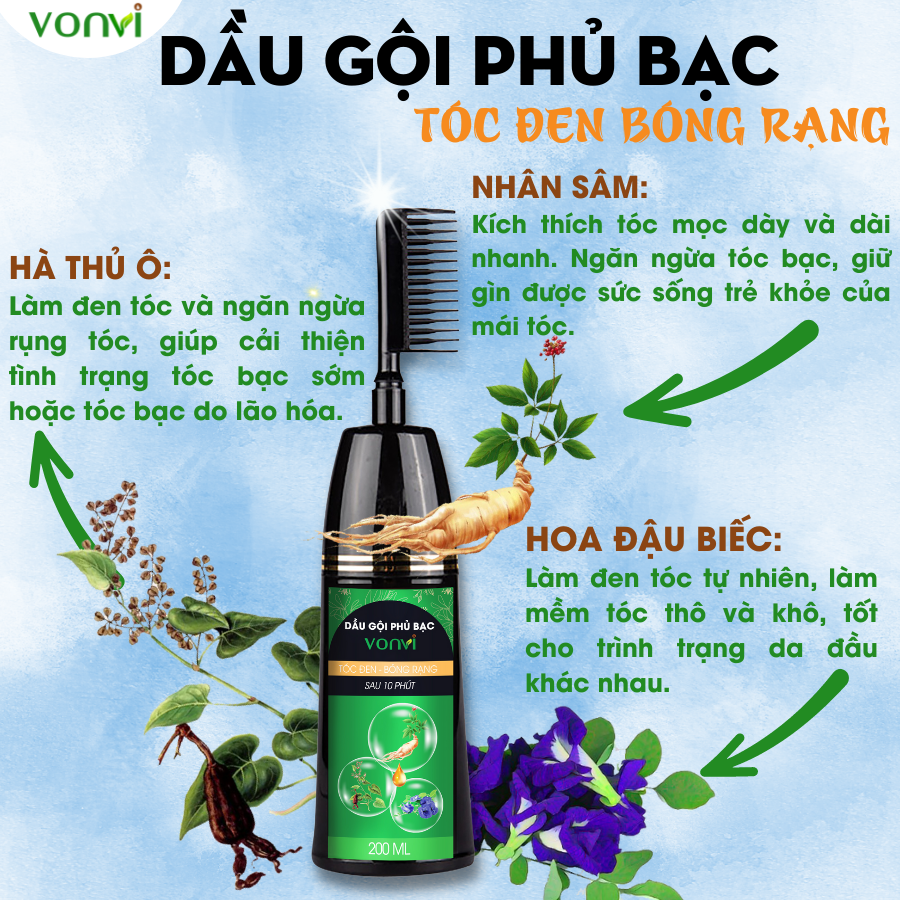 Thuốc nhuộm tóc làm đen tóc tự nhiên sau 10 phút với thiết kế dạng lược dễ chải chai 200 ml VONVI