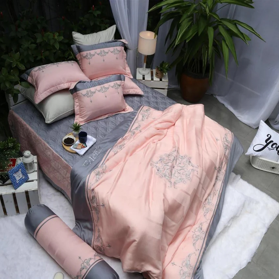 Bộ Chăn Ga Bọc Chần Gòn Tencel Edena ED756 - Cam Phối Xám