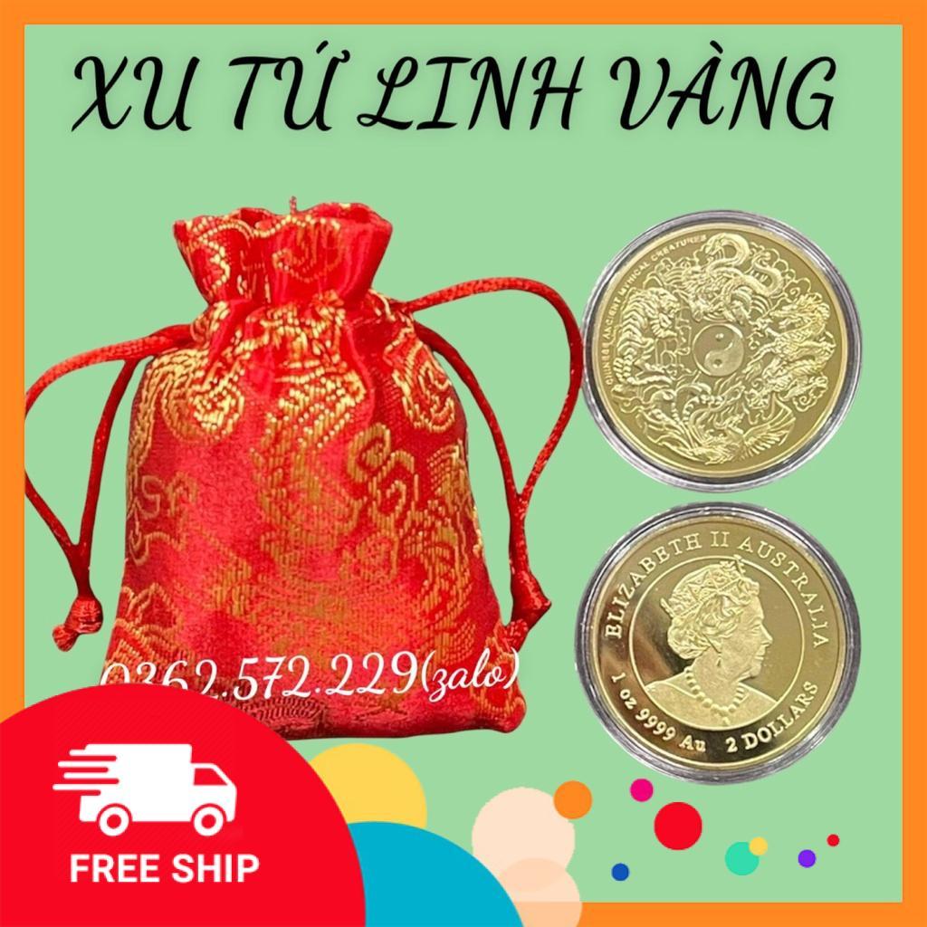 Đồng xu Tứ Linh Vàng phong thuỷ may mắn tặng hộp nhung ,móc khóa, túi gấm đỏ may mắn tai lộc