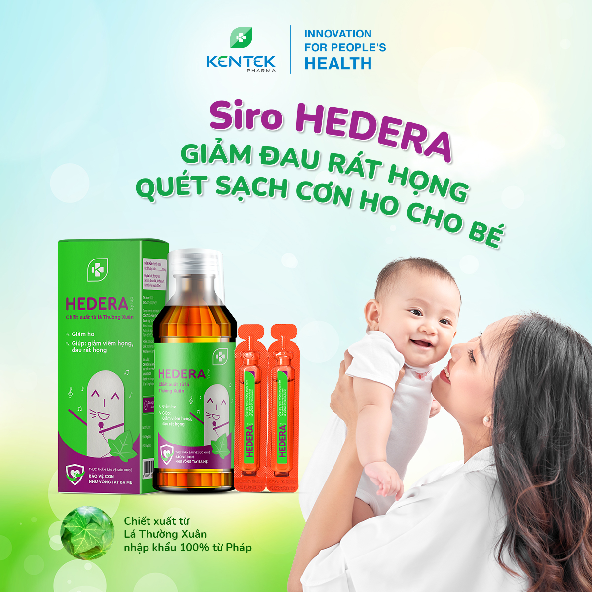 Siro ho thảo dược, chiết xuất lá thường xuân bổ phế, giảm ho dành cho trẻ em HEDERA | Kentek Pharma | Ống 10ml, Hộp 20 ống