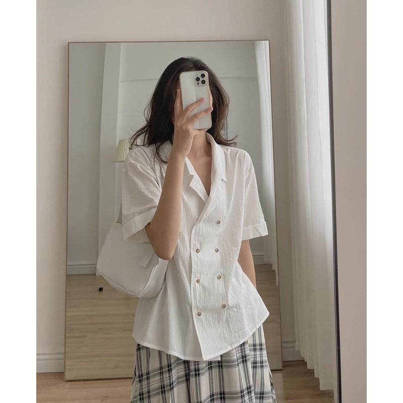 Áo sơ mi cổ vest hai hàng cúc chất thô đũi phong cách vintage