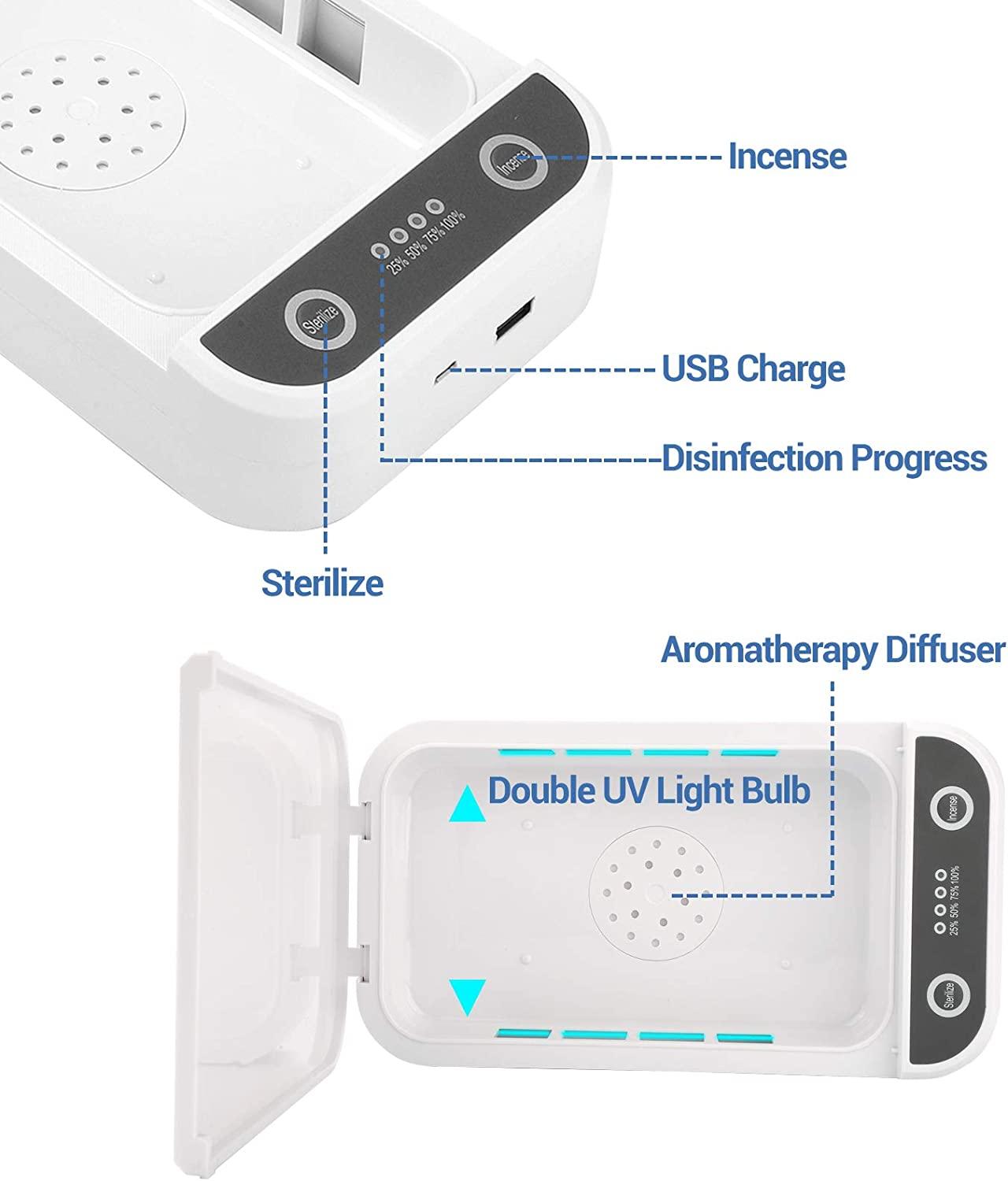 Máy khử trùng UV cho điện thoại di động, Máy khử trùng UV chuyên nghiệp có chức năng Aroomatheracco, UV Portable cho điện thoại thông minh 99,9% Hộp khử trùng cho chìa khóa, trang sức