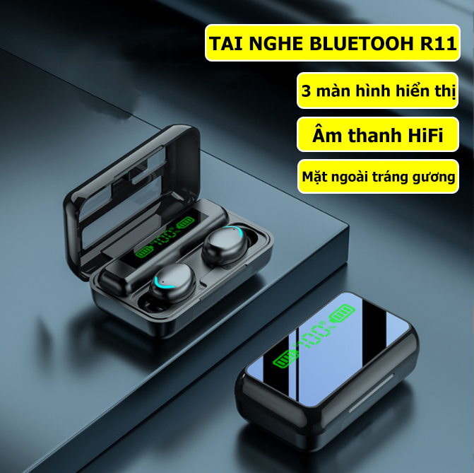 Tai Nghe Không Dây R11 Bluetooth 5.1 Cảm Ứng Chạm Âm Thanh HIFI Stereo Kèm Hộp Sạc Mặt Gương LED HD - Hàng Chính Hãng