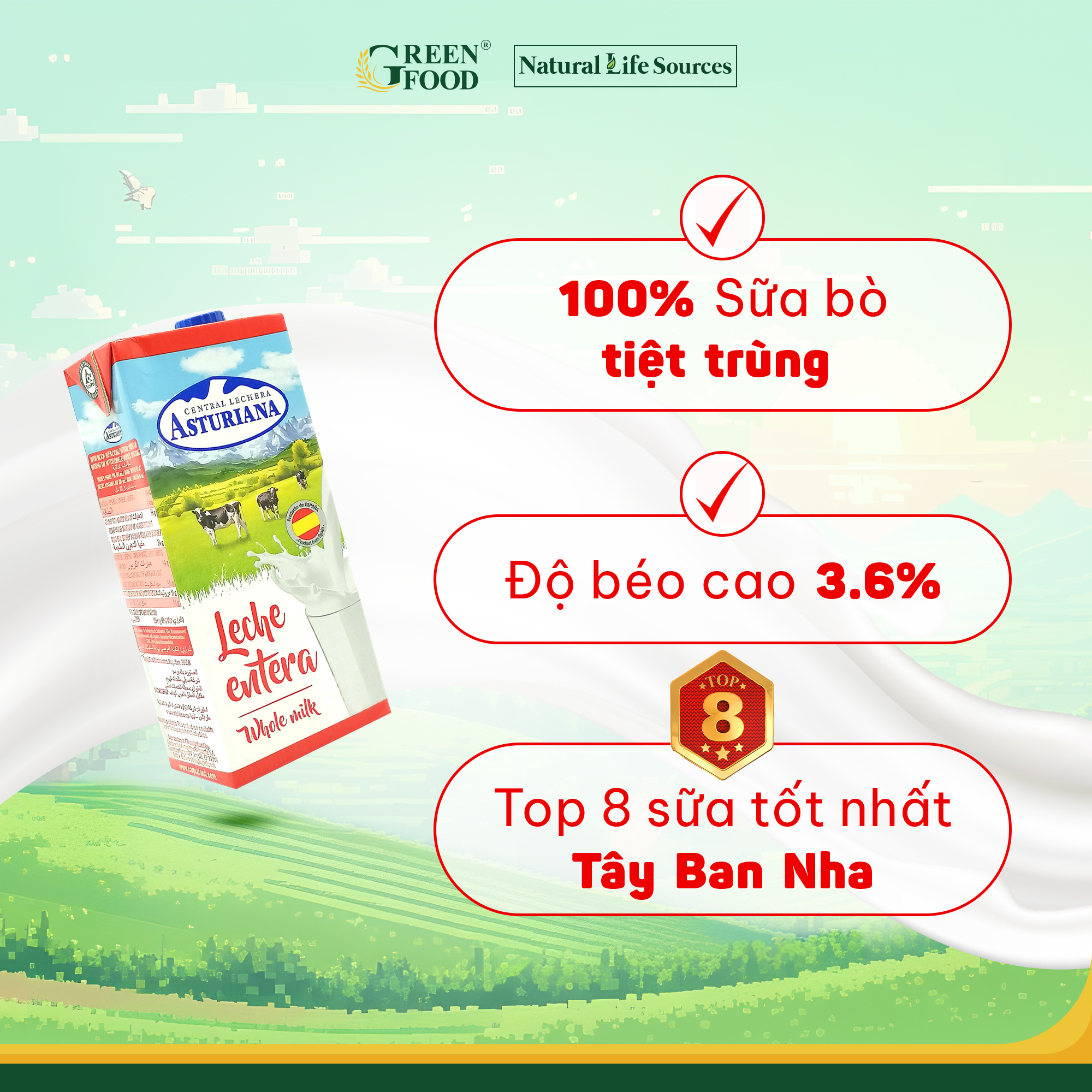 Sữa Tươi Tiệt Trùng ASTURIANA Nguyên Kem Hộp 1L - Độ Béo Cao 3.6%, Không Đường, Nhập Khẩu từ Tây Ban Nha