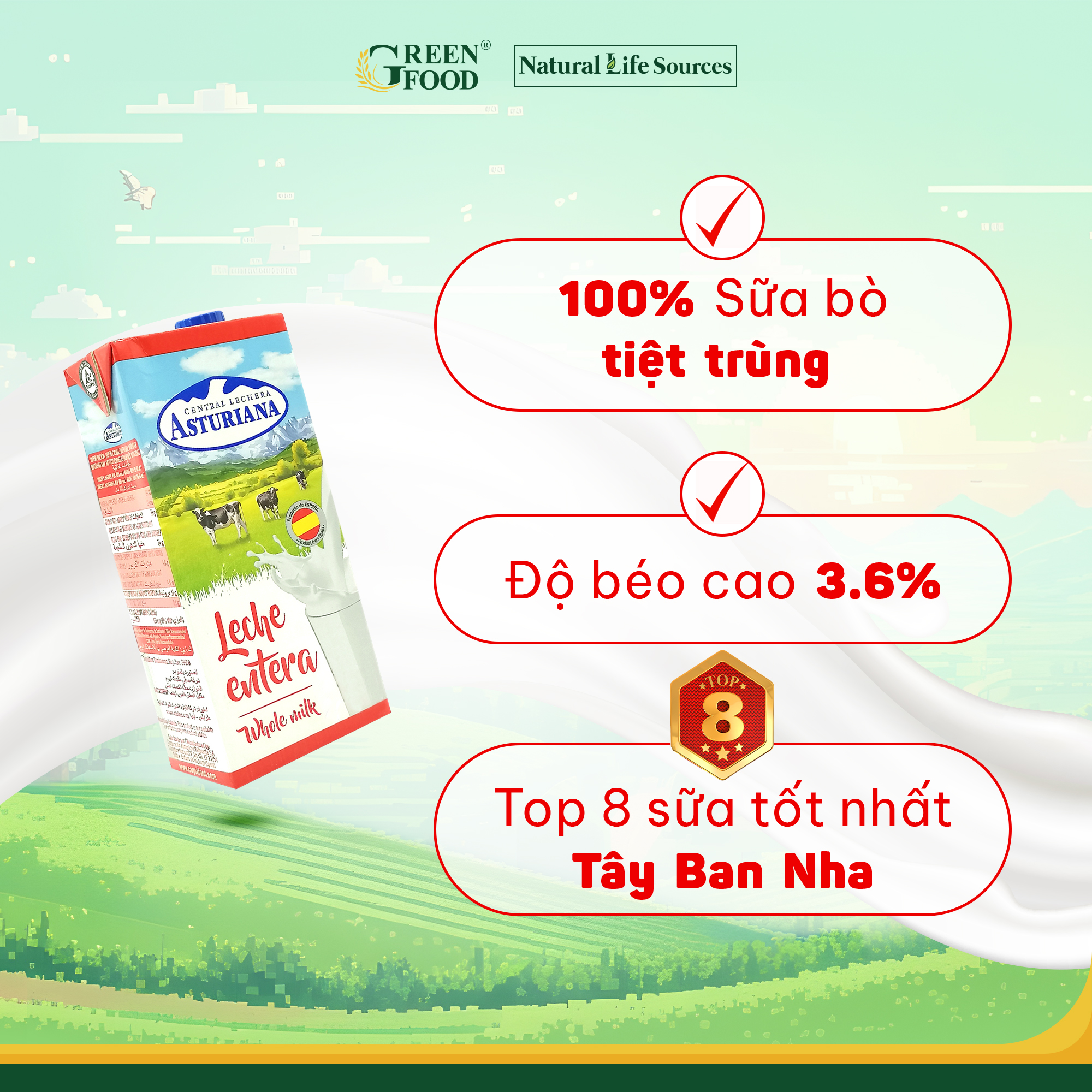 Combo 2 Hộp Sữa Tươi Tiệt Trùng ASTURIANA Nguyên Kem Hộp 1L - Độ Béo Cao 3.6%, Không Đường, Nhập Khẩu từ Tây Ban Nha