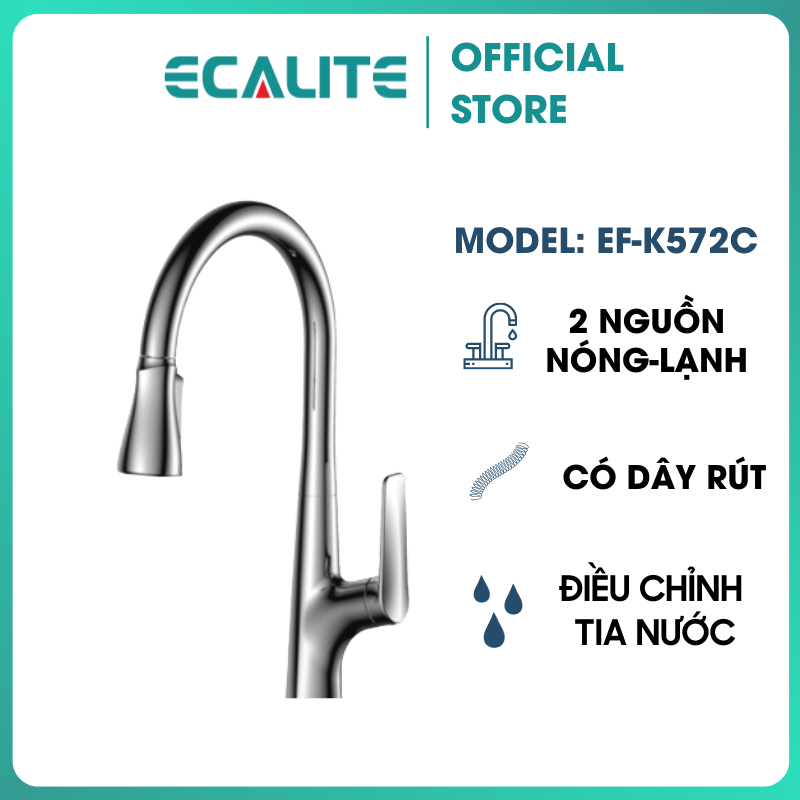 Vòi Rửa Chén Nóng Lạnh Ecalite EF-K572C - Có Dây Rút - Điều Chỉnh Tia Nước - Đồng Mạ Chrome Cực Đẹp - Hàng Chính Hãng