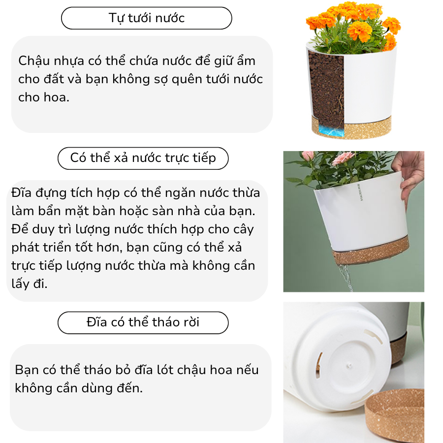 Chậu tự tưới thông minh Monrovia cho hoa, cây cảnh trong nhà và ngoài trời hình trụ tròn