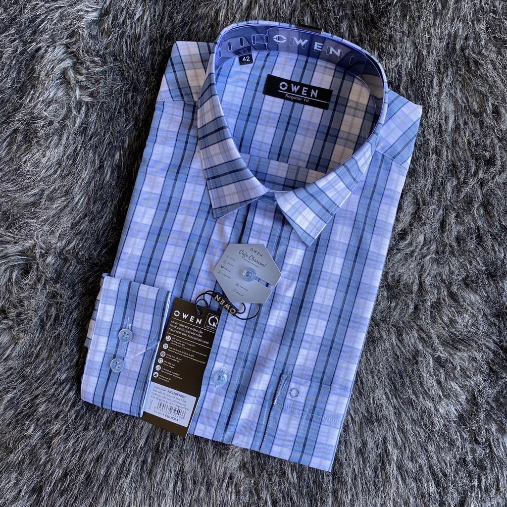 OWEN - Áo sơ mi dài tay Owen Regularfit chất cafe kẻ ca rô xanh 220870