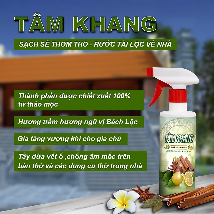 Chai Xịt Lau Làm Sạch Bàn Thờ Cao Cấp Tâm Khang Hương Chất Quế Và Thảo Mộc Tự Nhiên Giúp Tẩy Uế Tăng Vượng Khí May Mắn Tài Lộc Chai 500ml