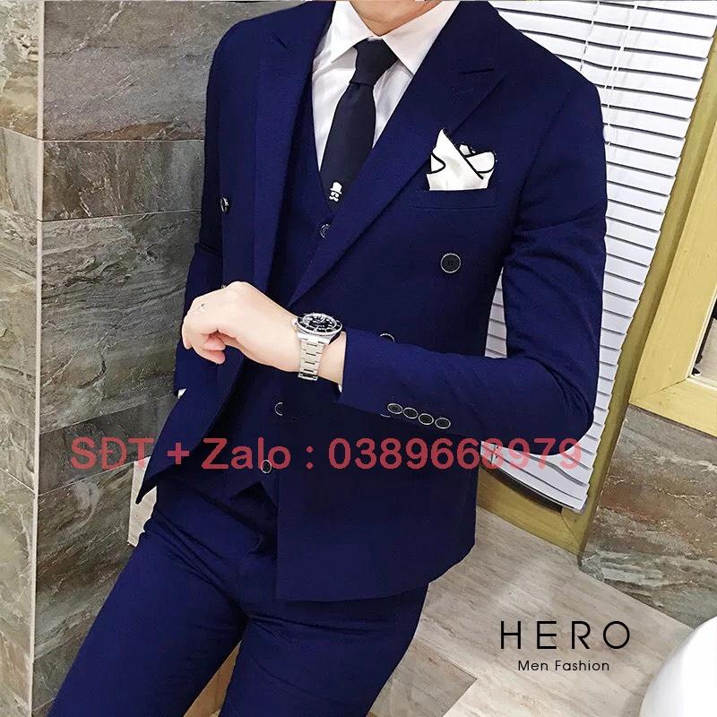 Bộ vest nam cao cấp Hàn Quốc màu xanh dương, Bộ Suit Nam Hàn Quốc Vải Sịn