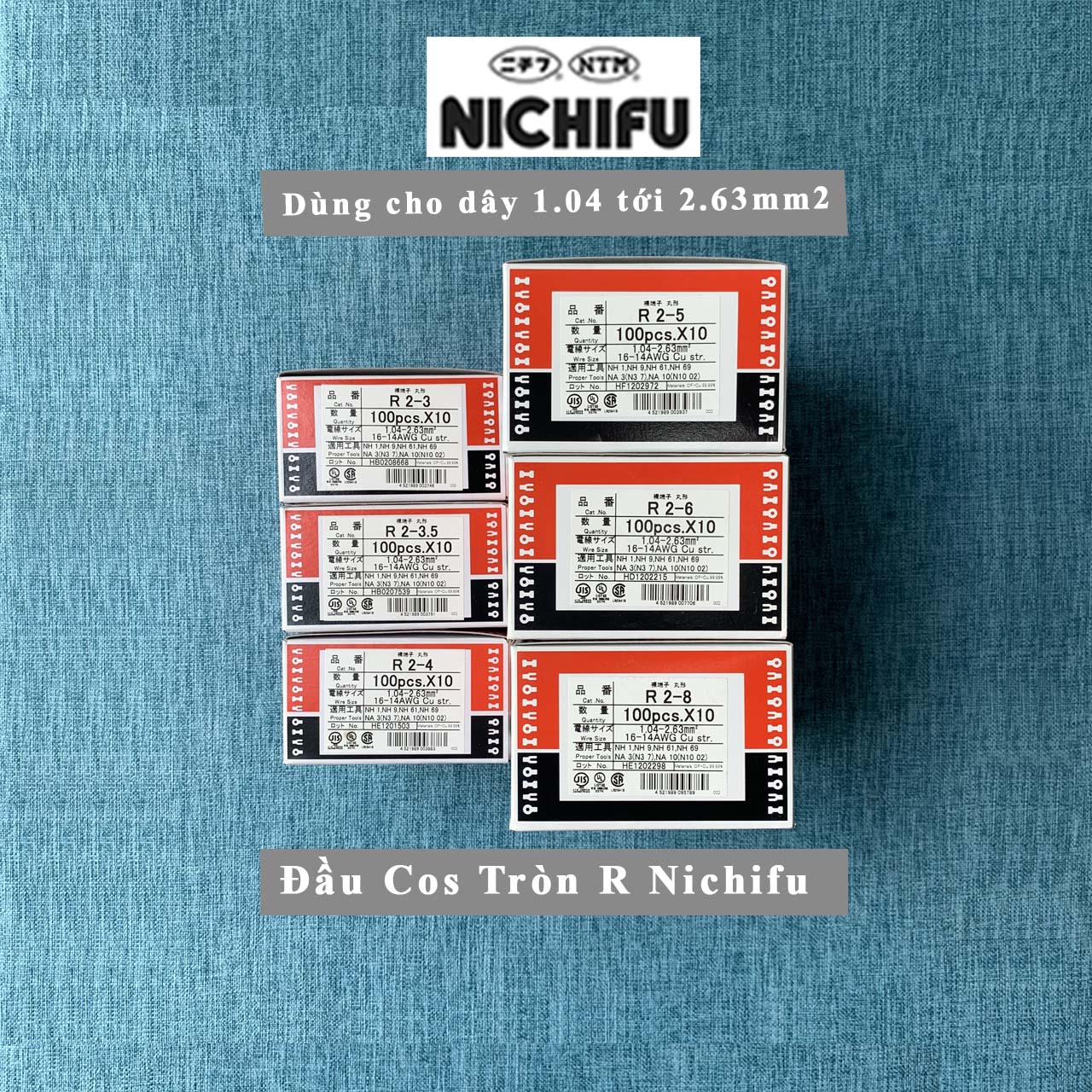 Đầu cos tròn R2 Nichifu Nhật Bản - Dạng tròn loại trần - Cho dây 1.04~2.63mm2 - R2-3 R2-3.5 R2-4 R2-5 R2-6 R2-8