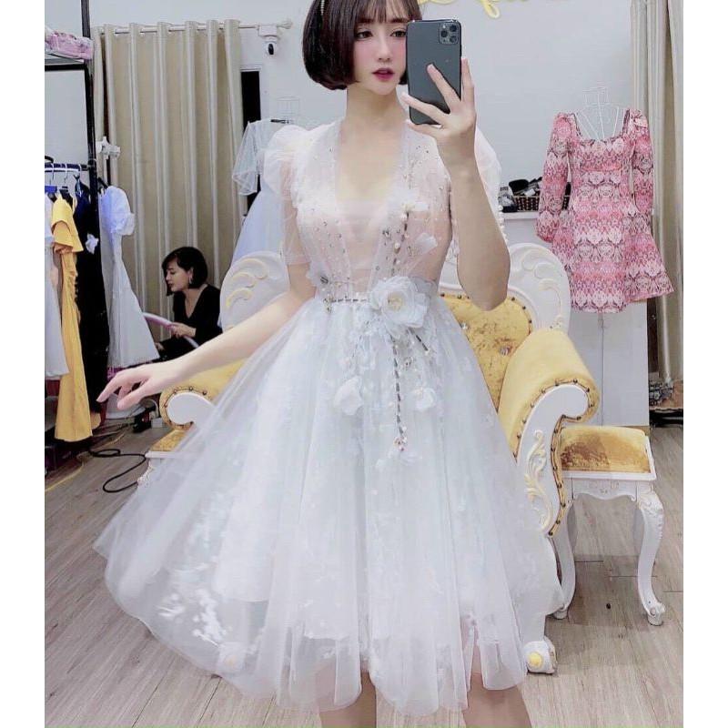 ĐẦM XOÈ CÔNG CHÚA TAY LỠ ĐÍNH HOA KẾT ĐÁ