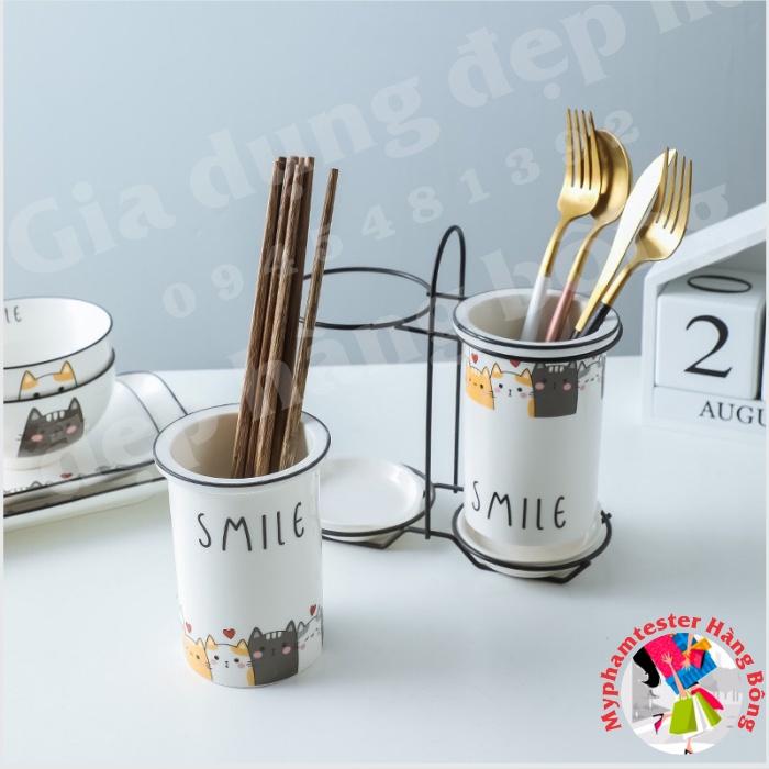 Bộ ống đựng đũa sứ đựng đũa, thìa, muỗng cao cấp kèm khung thép xuất Nhật
