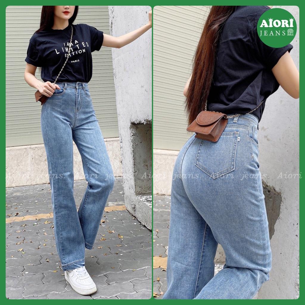 Quần Jeans Nữ AIORI Ống Suông Đứng Dáng dài chất bò jean cao cấp co giãn mềm mịn thời trang 4 mùa_Mã E001 - Xanh Nhạt