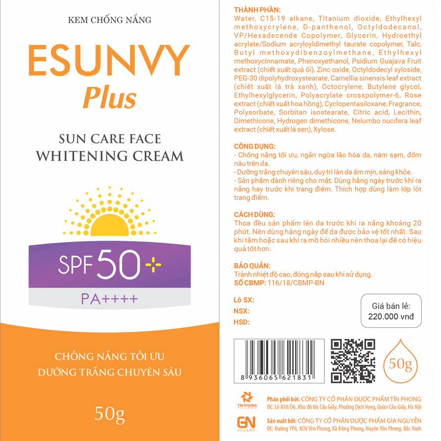 Kem Chống Nắng Esunvy Plus - Sun Care Face Whitening Cream SPF50+/PA++++ - Chống nắng tối ưu, dưỡng trắng chuyên sâu - Tuýp 50g