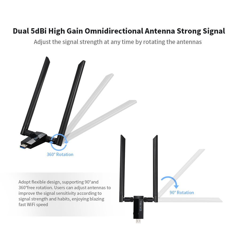 Bộ điều hợp Wifi 1200Mbps USB3.0 Bộ điều hợp không dây USB Băng tần Daul 802.11ac Ăng-ten 5dBi kép cho máy tính để bàn