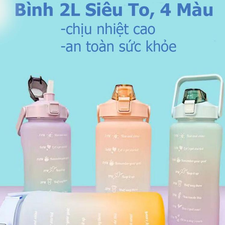 Bình Nước Màu Sắc 2L Chia Vạch, Nhắc Giờ Uống Nước, Có Ống Hút Nắp Bật Chống Tràn