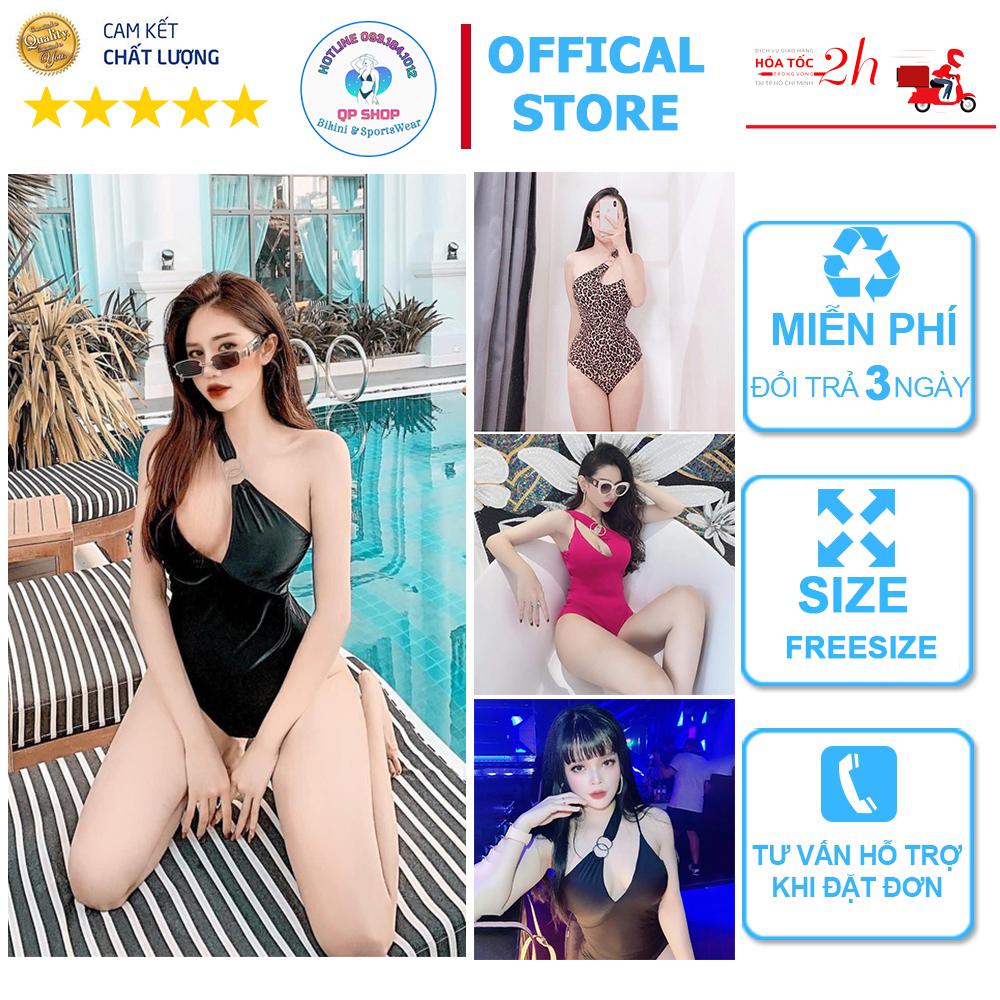 Bikini nữ 1 mảnh đính khuyên lệch vai bộ bơi thun lạnh co dãn 4 chiều | LM006