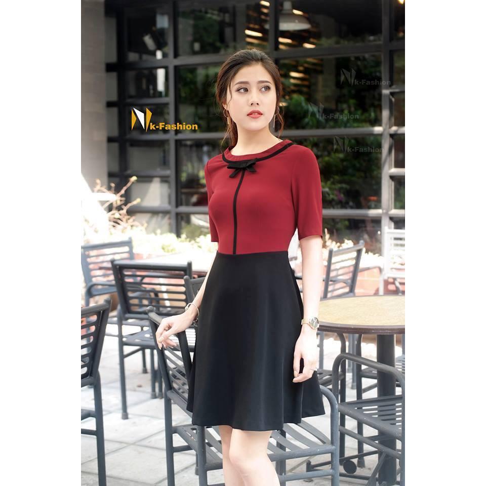 NEW Đầm xòe phối nơ đen V131 thời trang