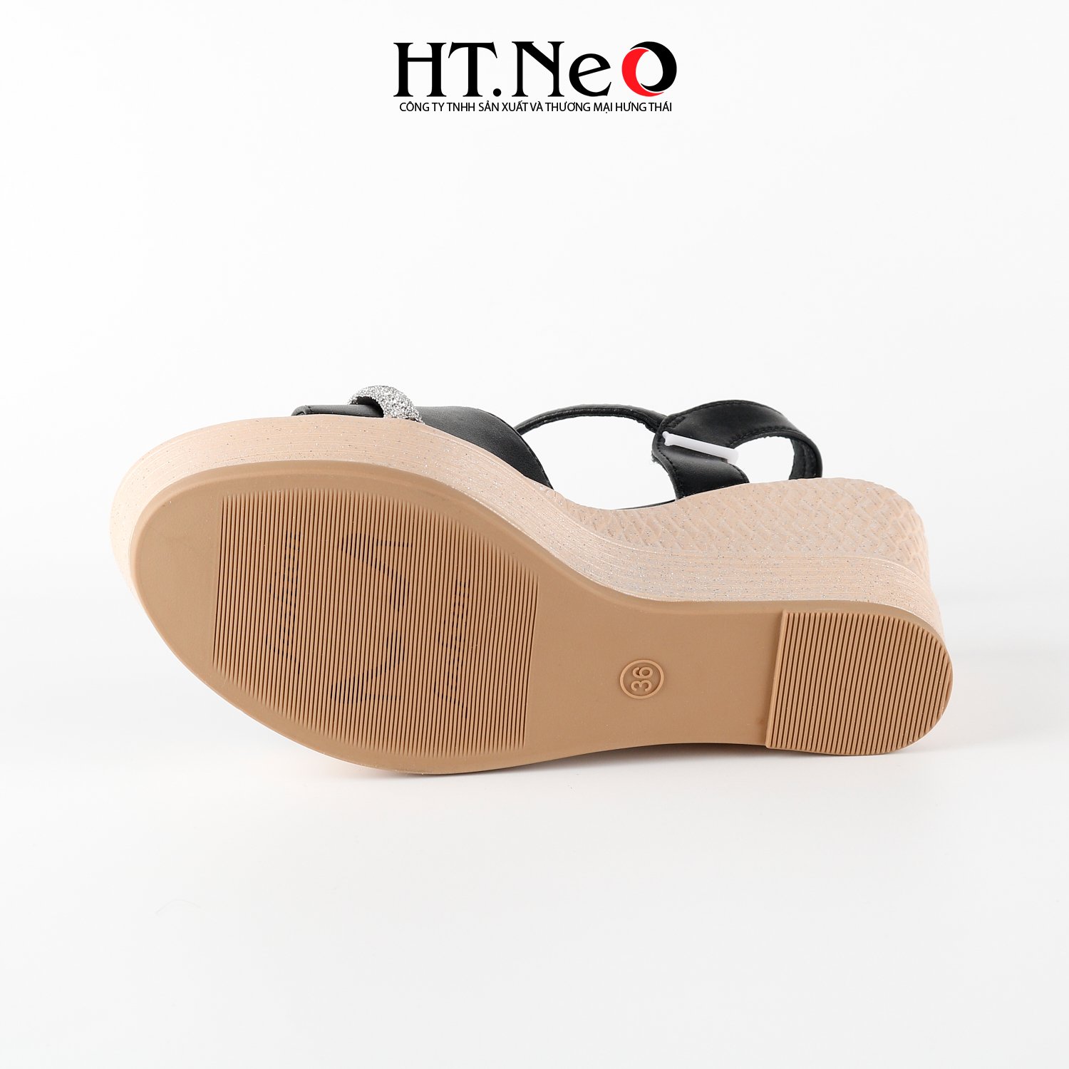 Sandal nữ đế xuồng HT.NEO cao 8p đai đính đá vắt chéo độc đáo, da cao cấp SDN148