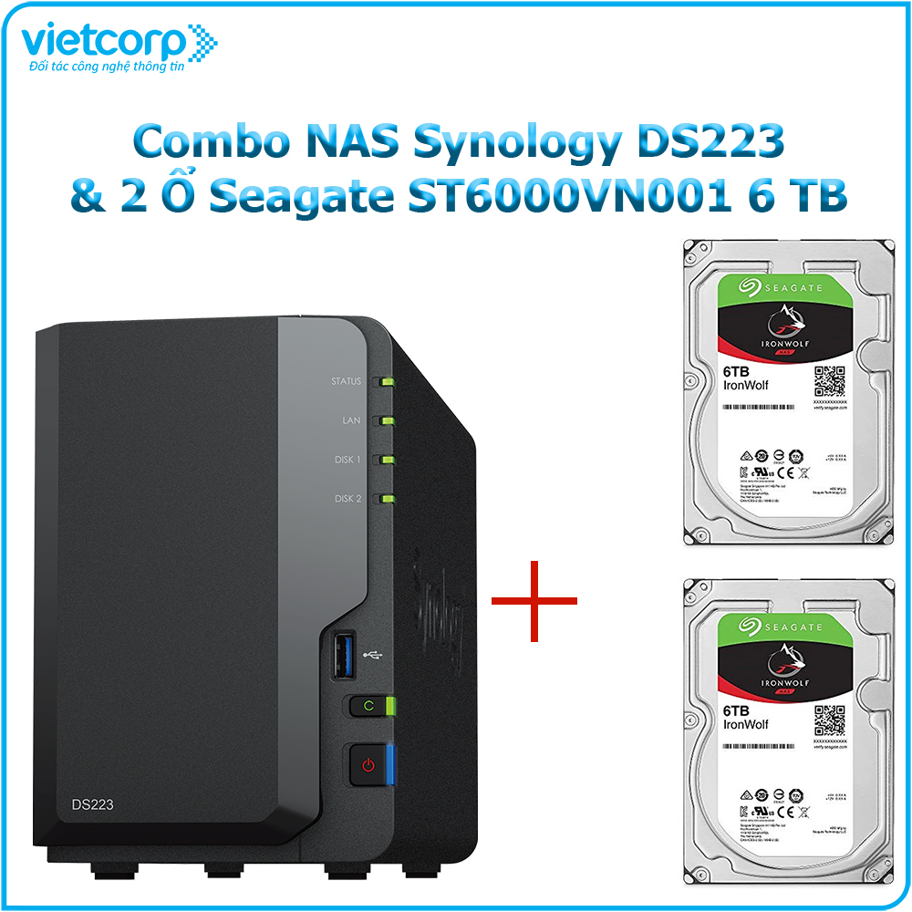 Combo Thiết bị lưu trữ NAS Synology DS223 và 2 Ổ cứng Seagate ST6000VN001 6 TB - Hàng Chính Hãng