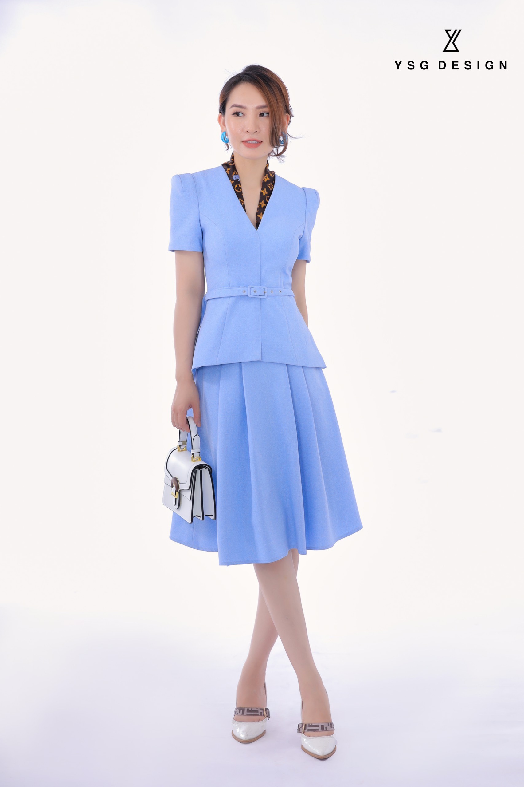 Set váy áo xanh biển xòe đai eo thiết kế YSG Design