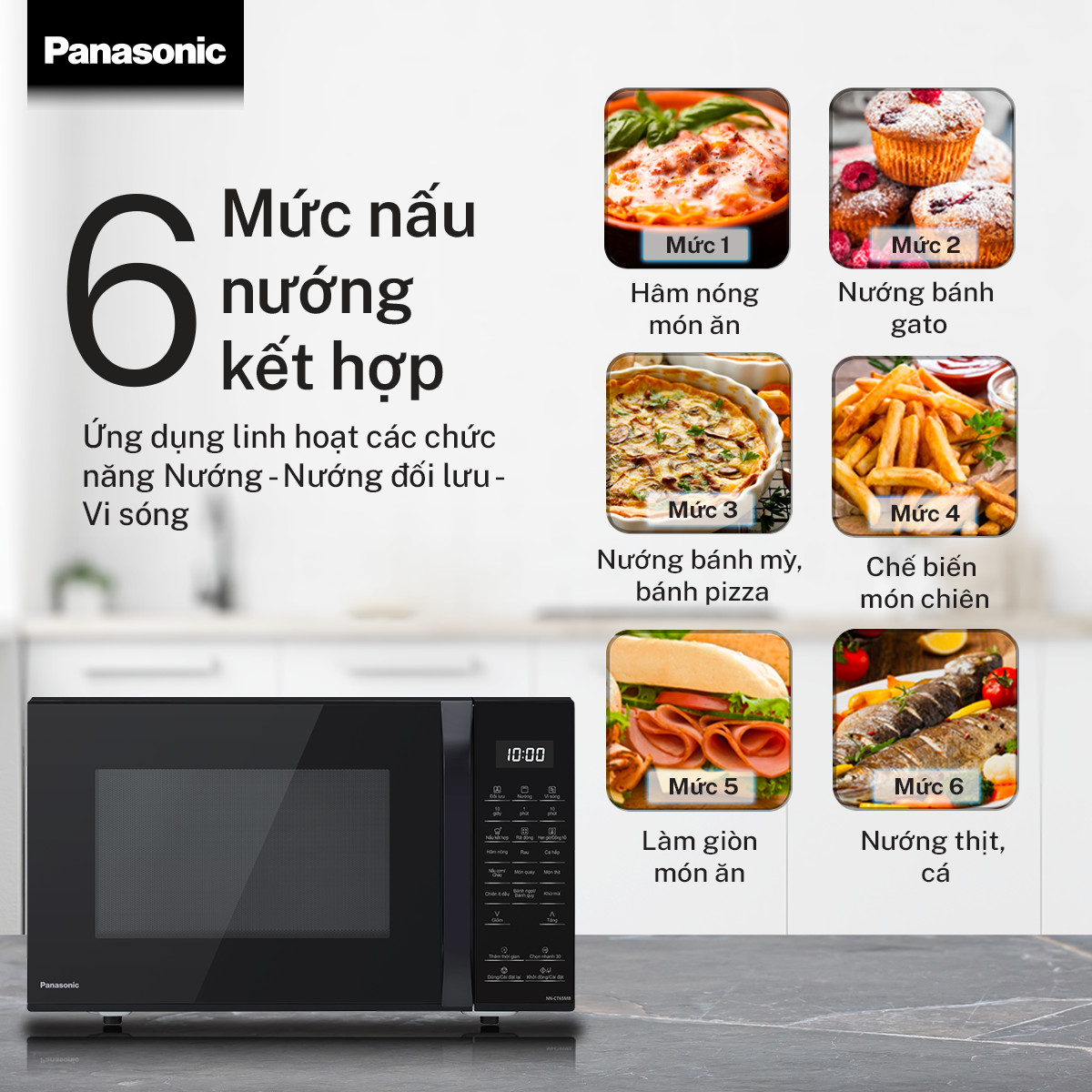 Lò vi sóng nướng đối lưu chiên không dầu Panasonic NN-CT65MBYUE – 20 thực đơn tự động – Dung tích 27L – Hàng chính hãng